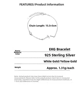 925 sterling silver heartbeat bracelet with adjustable 15.5+3cm length and 1.31g weight