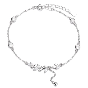 Elegant 925 sterling silver wheat leaf bracelet with sparkling zircon stones