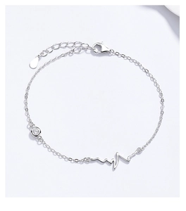 Detailed close-up of 925 silver EKG bracelet with zircon stone and lobster clasp