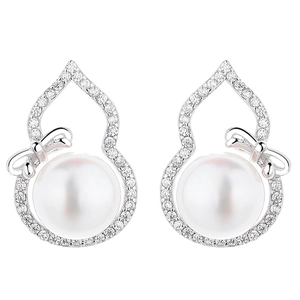 925 silver gourd pearl earrings with bow detail and zircon stones for women