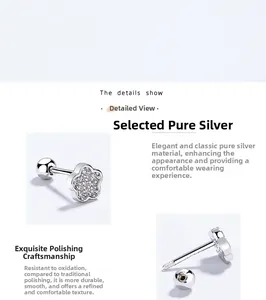 Macro detail of S925 sterling silver flower earrings with zircon pavé and polished finish