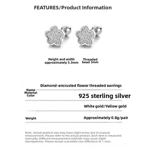 Detailed size chart for 925 sterling silver flower stud earrings with dimensions
