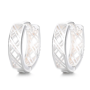 Minimalist 999 silver hollow cross hoop earrings with geometric mesh design on white background