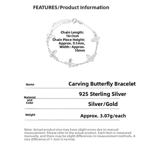 Detaillierte Größentabelle für das 925er Sterling Silber Schmetterling Armband mit Maßen