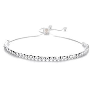 Minimalist 925 silver beaded bracelet with adjustable bolo closure and polished finish