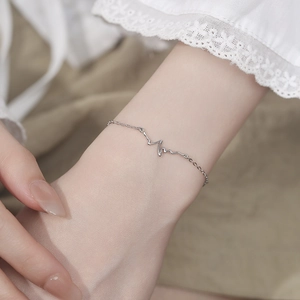 Minimalist 925 sterling silver heartbeat EKG bracelet with fine link chain for women