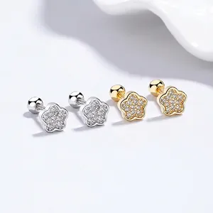 925 Sterling Silver Flower Stud Earrings Dainty Rhinestone Inlaid Screw Back Ball Minimalist Jewelry For Women Hypoallergenic