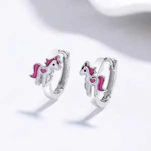 Boucles d'Oreilles Créoles Licorne en Argent Sterling 925 pour Femmes Enfants Rose Blanc Émail Cœur Dessin Animé Bijoux Mode