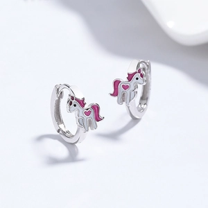 Boucles d'oreilles licorne en argent S925 avec cœur en émail rose et style mignon
