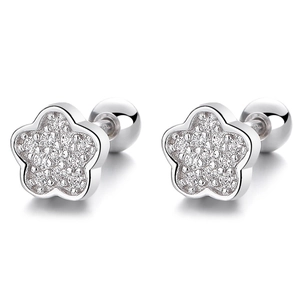 Elegant 925 silver flower stud earrings with sparkling cubic zirconia and screw-back balls