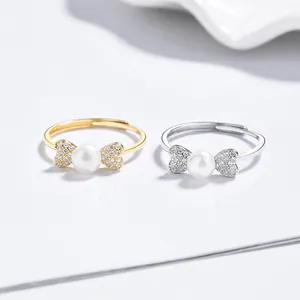 Bagues nœud en argent 925 avec perles d'eau douce et zircons en finitions or et argent