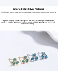 Macro shot of S925 sterling silver iris earrings with blue enamel and zircon inlay