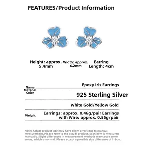 Detailed spec chart of 925 silver iris earrings with blue drip glaze and measurements