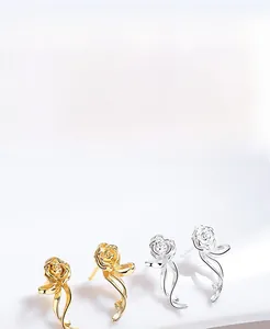 Close-up of S925 sterling silver rose stud earrings with electroplated metal petals