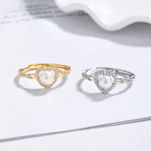 Bague cœur en argent 925 avec perle d'eau douce et zircons en finitions or et argent