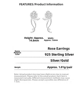 Detailed size specifications for silver and gold rose stud earrings with 925 stamp