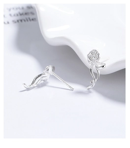 Detailed macro view of S925 sterling silver rose earrings with clear 3D petal textures