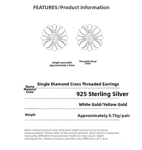 Macro detail of 925 sterling silver cross stud earring with zircon stone and screw back
