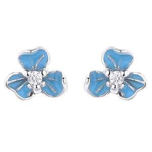 Blue enamel iris flower stud earrings with shimmering zircon center in 999 silver