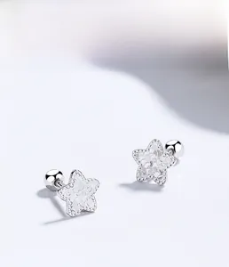 Macro detail of S925 sterling silver star stud earring with textured surface and screw back