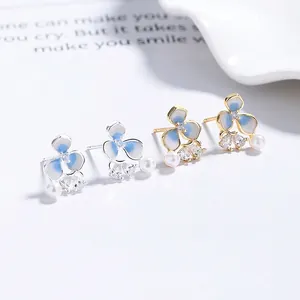 925 silver flower pearl earrings with blue enamel petals and zircon stones for women