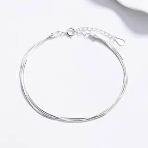 925 Sterling Silver Triple Layer Snake Chain Bracelet For Women Minimalist Multi Strand Adjustable Link Bracelet Jewelry