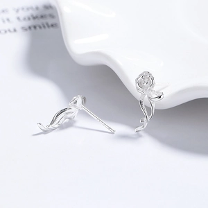 Elegant 925 sterling silver rose flower ribbon stud earrings for women with high polish finish