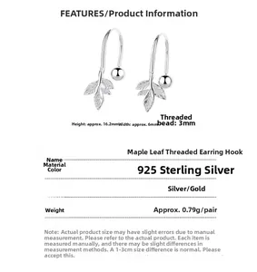 Detailed size specifications for maple leaf 925 sterling silver screw earrings