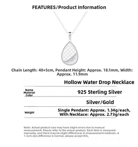 Detailed size specifications for 925 silver hollow teardrop pendant and water wave chain