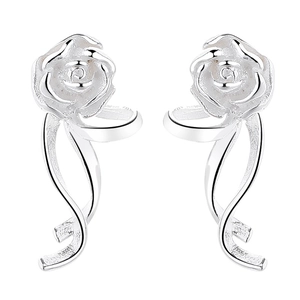 Elegant 925 sterling silver rose flower stud earrings with flowing wavy line design