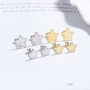 925 Sterling Silver Star Stud Earrings For Women Crushed Ice Texture Screw Ball Back Minimalist Fashion Earrings Jewelry