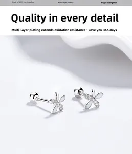 Detail of S925 sterling silver flower earrings with zircon petals and plating