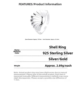 Macro view of 925 sterling silver shell ring with precise size and weight measurements