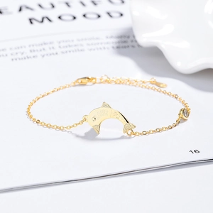 Elegant 925 silver golden dolphin bracelet with LOVE engraving and clear zircon stone