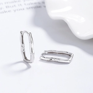 925 Sterling silver rectangular bamboo hoop earrings with polished metallic finish