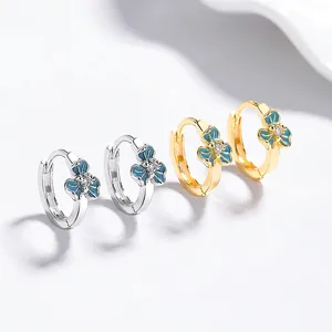 925 silver iris flower earrings with blue enamel petals and center zircon stone
