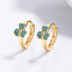 Boucles d'oreilles créoles dorées en argent 925 avec iris en émail bleu et cristal brillant