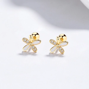 Elegant 925 silver flower stud earrings with white enamel and sparkling zircon stones
