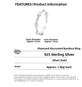Detailed size chart showing 21mm outer diameter of 925 silver bamboo zircon ring