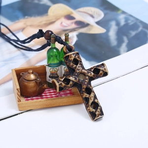 Ethnic retro leopard print cross pendant necklace with adjustable black wax cord cord