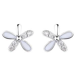 925 silver flower stud earrings with white enamel petals and shimmering zircon crystals