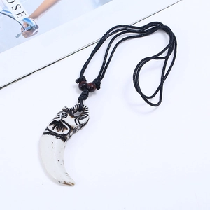 Retro handmade woven necklace with ivory-white resin elephant head pendant for men