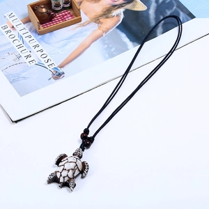 Handmade resin turtle pendant necklace with vintage woven cord and wooden beads