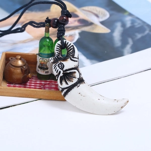 Vintage hand-woven elephant head necklace with ivory-style resin pendant for men