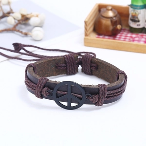 Vintage geflochtenes Lederarmband in Dunkelbraun mit schwarzem Friedenssymbol Motiv