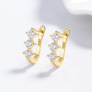 Polished S925 sterling silver hoop earrings with three sparkling round cubic zirconia