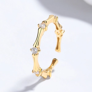 Bamboo style 925 silver adjustable ring with white zircon stones in gold finish