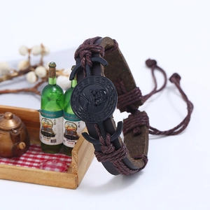 Bracelet cuir pour homme avec crâne, ancre et cordon tressé ajustable, style vintage