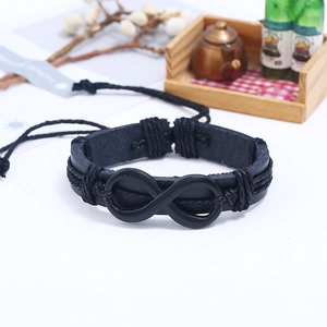 Bracelet tressé en similicuir noir avec symbole de l'infini mat pour hommes et femmes