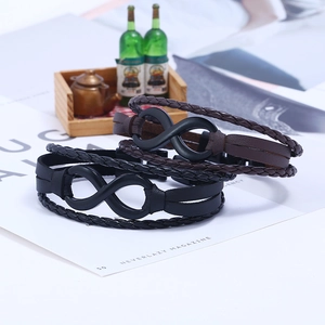 Minimalist infinity symbol black and brown woven leather bracelet set for couples